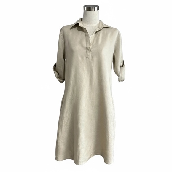Pure Amici Dresses & Skirts - Pure Amici Linen Roll Tab Sleeve Tan Khaki Shirt Dress Small